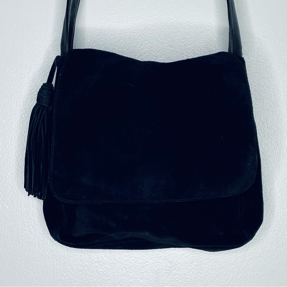 Lord & Taylor vintage boho hippie black leather and suede tassel shoulder bag - Picture 5 of 16